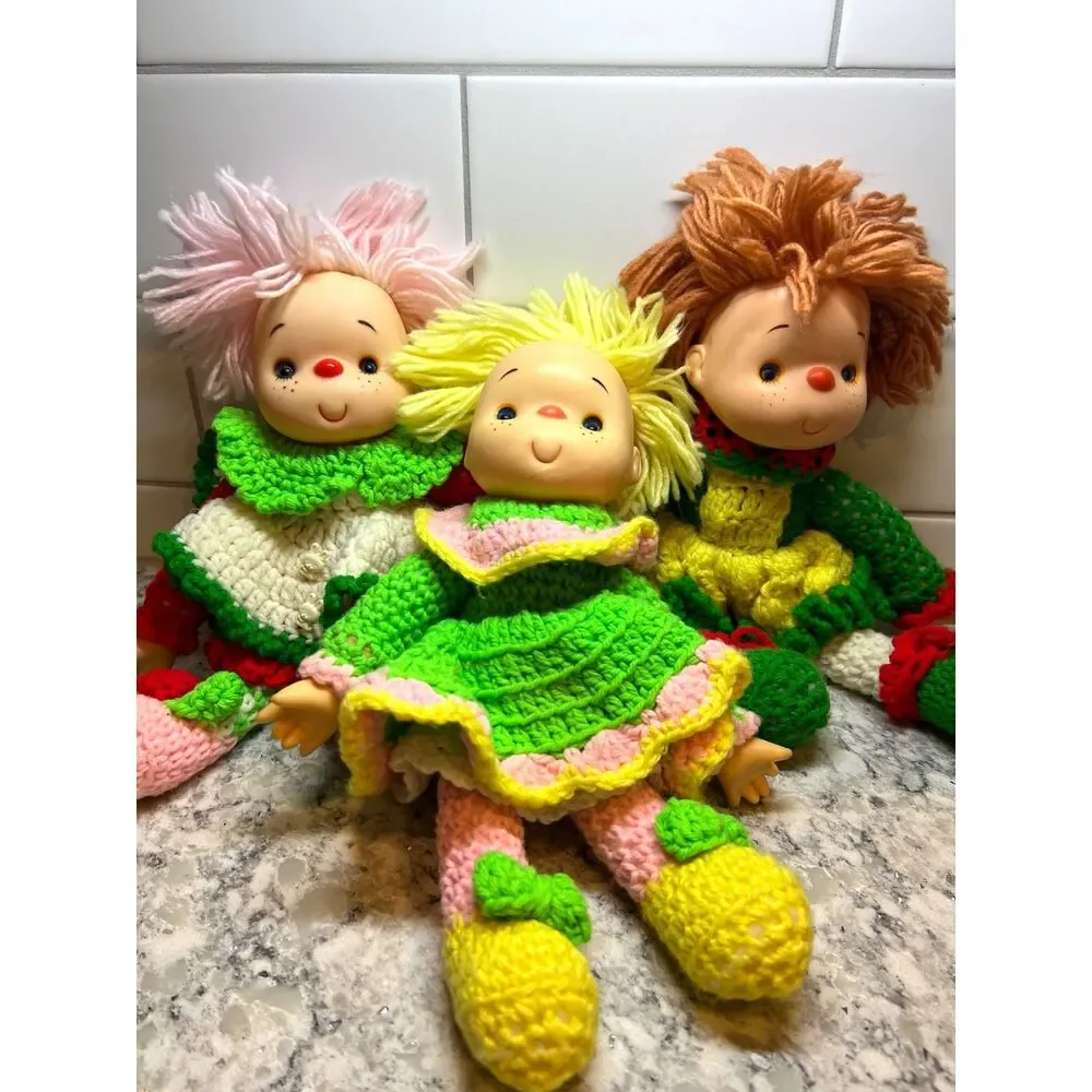 3 Vintage Crochet & Vinyl Dolls Retro Strawberry Lollipop Shortcake Style Yarn